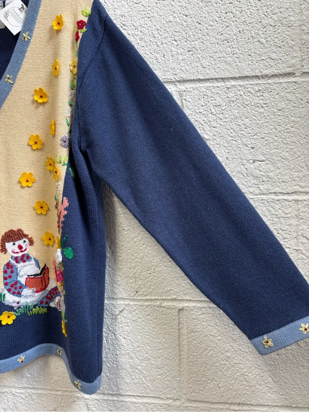 Vintage Storybook Knits Raggedy Anne Reading Embroidered Floral Cardigan